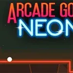 Neon színekkel megvilágított Arcade Golf Neon felirat egy sötét háttér előtt, alatta golyó és vörös vonalas pálya