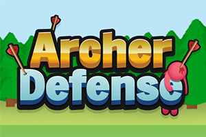 Színes Archer Defense felirat, amelyet nyilak és egy rajzolt figura vesz körül egy erdőt ábrázoló háttér előtt