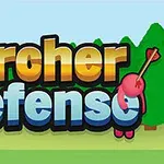 Színes Archer Defense felirat, amelyet nyilak és egy rajzolt figura vesz körül egy erdőt ábrázoló háttér előtt