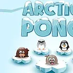 Rajzolt állatok, például fóka, bagoly, pingvin, hód, és rénszarvas, ülnek jégtáblákon, a háttérben nagy ARCTIC PONG felirattal