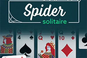Kártyalapok, köztük egy pikk dáma, kör tiz és kőr ász, fekete háttéren, Spider Solitaire felirattal