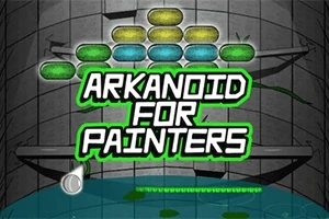 Színes téglalapokkal és ARKANOID FOR PAINTERS szöveggel ellátott grafikus kép szürke háttér előtt