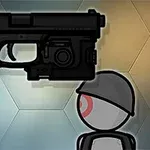 Egy stilizált pisztoly lebeg egy egyszerű, szürke fejfedős humanoid figura előtt hatszögletű mintázatú háttérrel