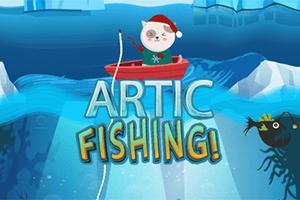 Macska piros csónakban horgászik a jeges vízen, karácsonyi sapkában, felette Artic Fishing!