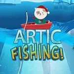 Macska piros csónakban horgászik a jeges vízen, karácsonyi sapkában, felette Artic Fishing!