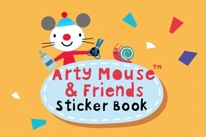 Egér karakter sapkában, ollóval és ragasztóval, valamint csiga figura színes háromszögekkel díszített háttér előtt, „Arty Mouse & Friends Sticker Book” felirattal