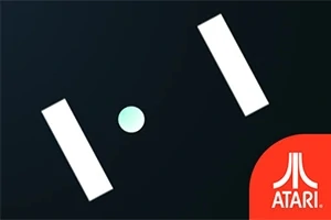 Két fehér téglalap között egy kékeszöld gömb lebeg sötét háttérrel, jobb alsó sarokban Atari logóval