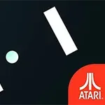 Két fehér téglalap között egy kékeszöld gömb lebeg sötét háttérrel, jobb alsó sarokban Atari logóval