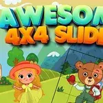 Mesebeli táj háttérrel, egy kislány kalapban és egy maci áll puzzle darabokkal