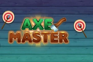 Színes faháttér előtt egy Axe Master felirat látható, amely férfi fejszével megtámasztott, két szélén pedig céltáblák helyezkednek el