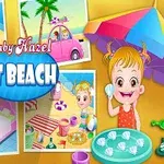 Színes grafika, amelyen egy kisgyerek strandjelenetekben látható, mellette strandkellékek és napernyő