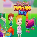 Kislány és színes pinata egy kerti partin, vidám háttérrel és további jelenetekkel