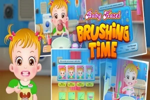 Egy rajzfilmfigura kisgyerek fogmosás közben, különböző jelenetekkel, színes háttérrel és Brushing Time felirattal