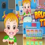 Egy rajzfilmfigura kisgyerek fogmosás közben, különböző jelenetekkel, színes háttérrel és Brushing Time felirattal