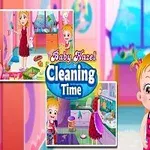 A képen egy szőke hajú gyerek és egy nő látható egy szobában, játékdoboz grafikával, melyen a Cleaning Time felirat szerepel