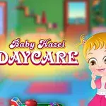 Két aranyos baba egy színes játszószobában, középen Baby Hazel Daycare felirattal