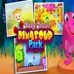 Egy mosolygó kislány áll egy rózsaszín dinoszaurusz mellett, háttérben színes képek és a Dinosaur Park felirat