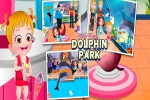 Rajzfilmfigura piros ruhában egy delfinpark illusztráció előtt, amely több jelenetet ábrázol