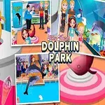 Rajzfilmfigura piros ruhában egy delfinpark illusztráció előtt, amely több jelenetet ábrázol