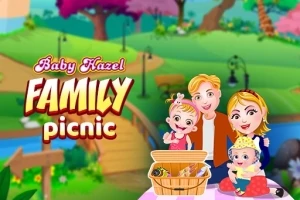 Rajzfilmstílusú család piknikezik egy parkban, egy piknikkosár mellett