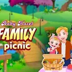 Rajzfilmstílusú család piknikezik egy parkban, egy piknikkosár mellett