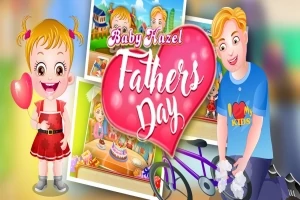 Kislány szív alakú lufi tartva, mellette férfi kerékpárral, színes háttér előtt Baby Hazel Fathers Day felirattal