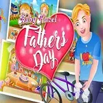Kislány szív alakú lufi tartva, mellette férfi kerékpárral, színes háttér előtt Baby Hazel Fathers Day felirattal