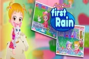 Egy rajzfilmfigura kislány ül egy hintalovon, ölel egy fehér nyulat, és a kép közepén a first rain felirat látható