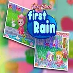 Egy rajzfilmfigura kislány ül egy hintalovon, ölel egy fehér nyulat, és a kép közepén a first rain felirat látható