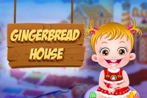 Rajzfilmfigura mosolyog piros ruhában, mellette egy Gingerbread House feliratú fa tábla lóg