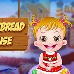 Rajzfilmfigura mosolyog piros ruhában, mellette egy Gingerbread House feliratú fa tábla lóg