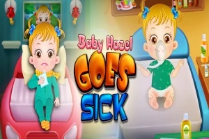 Egy rajzolt kisgyerek két jelenetben látható, az egyikben pizsamában és sállal, a másikban légzőmaszkkal, középen pedig a Baby Hazel Goes Sick felirat