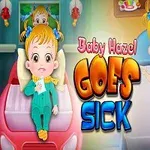 Egy rajzolt kisgyerek két jelenetben látható, az egyikben pizsamában és sállal, a másikban légzőmaszkkal, középen pedig a Baby Hazel Goes Sick felirat
