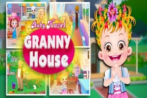 Egy virágkoszorút viselő kislány mosolyog, a háttérben színes kirakószerű képekkel és a Baby Hazel Granny House felirattal