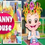 Egy virágkoszorút viselő kislány mosolyog, a háttérben színes kirakószerű képekkel és a Baby Hazel Granny House felirattal