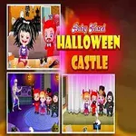 Rajzfilmfigurás gyerek ördögjelmezben, halloween témájú díszletekkel és jelenetekkel a háttérben