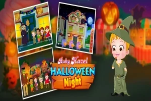 Halloween jelmezes gyerek figura, három képkocka háttérben, és Baby Hazel Halloween Night felirat