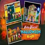 Halloween jelmezes gyerek figura, három képkocka háttérben, és Baby Hazel Halloween Night felirat