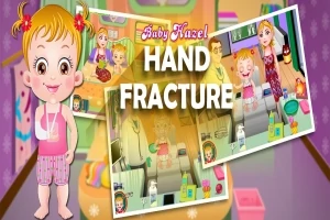 Rajzfilmstílusú kép, amelyen egy kisgyerek és két képernyőképszerű fotó látható, Baby Hazel Hand Fracture felirattal