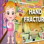 Rajzfilmstílusú kép, amelyen egy kisgyerek és két képernyőképszerű fotó látható, Baby Hazel Hand Fracture felirattal