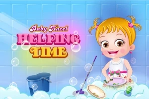 Egy kisgyerek mosogat és mosolyog rózsaszínű HELPING TIME felirat mellett, a háttérben kék csempe és szappanbuborékok láthatók