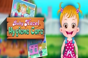 Egy szőke kislány mosolyog rózsaszín ruhában, mellette Baby Hazel Hygiene Care felirat és két kisebb kép látható