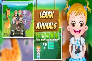 Egy rajzfilmes kislány mosolyogva áll, kezében fényképezőgép, háttérben egy dzsungeljelenet látható, állatokkal és Learn Animals felirattal