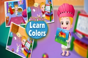 Gyermek színes képet tart egy szobában, más kisebb képekkel a háttérben és „Learn Colors” felirattal