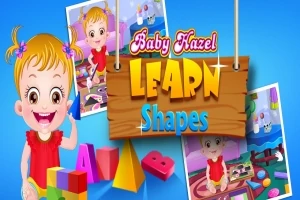 Egy rajzfilmfigurás kislány boldogan játszik különböző formákkal színes háttér előtt, fa táblán a Learn Shapes felirattal