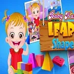 Egy rajzfilmfigurás kislány boldogan játszik különböző formákkal színes háttér előtt, fa táblán a Learn Shapes felirattal
