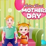 Családi jelenet egy nappaliban, ahol egy kislány, egy szőke férfi és egy nő színes lufikkal ünnepli az anyák napját