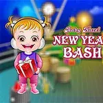 Két rajzfilmes gyerek látható egy vidám háttér előtt, egyikük ajándékot tart, a másik pedig rózsaszín kabátot és pandamintás sapkát visel, középen Baby Hazel New Year Bash felirat