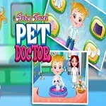 Rajzfilmfigura mosolyog kisállat társaságában, két kisebb képen orvosi jelenetek láthatók