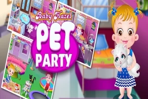 Egy szőke hajú kislány kék ruhában áll egy szobában és egy fehér macskát tart, az előtérben egy nagy, rózsaszín PET PARTY feliratú logó látható